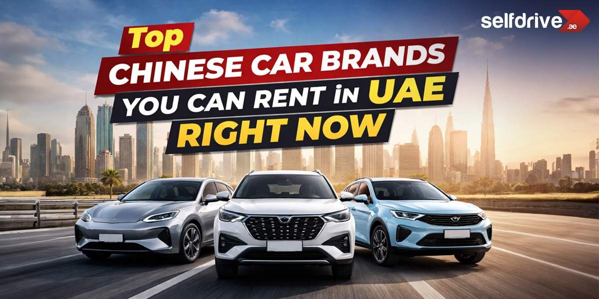 Three Chinese cars on a road with Dubai skyline. The text says, 
